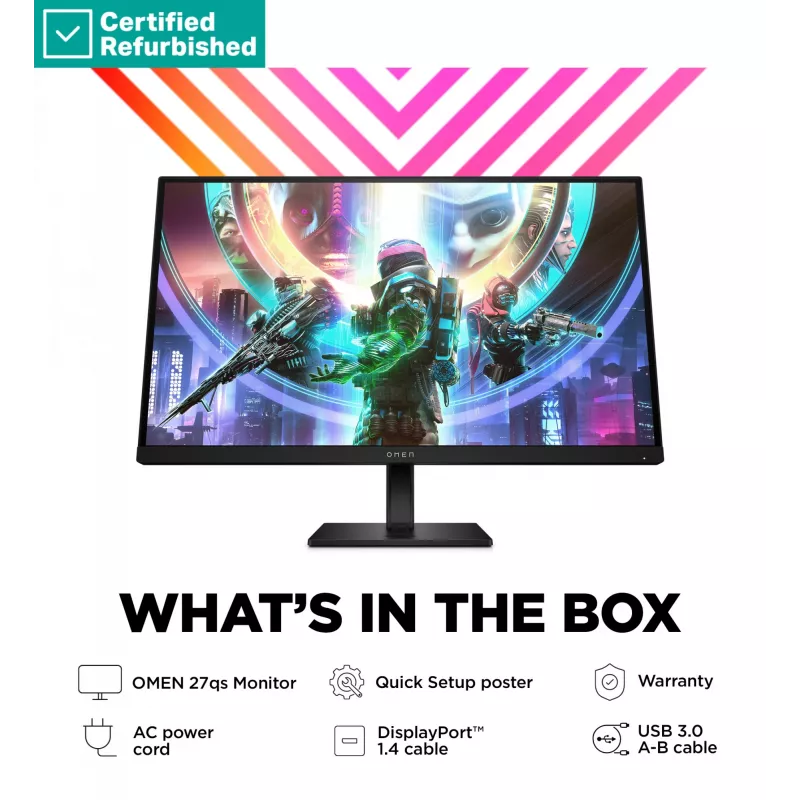 RENEW srebrny OMEN by HP 27qs QHD Gaming Monitor - 27 2560x1440 QHD 400-nit 240Hz AG, IPS, 2x HDMI/DisplayPort, 2x USB-A, speakers, height adjustable/tilt/pivot, 1 years