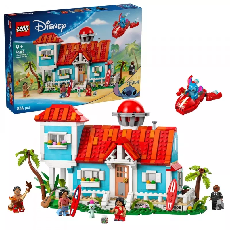 LEGO Disney 43268 Domek na plaży — modułowa konstrukcja domu, 834 elementy, 5 minifigurek, wiek 9+