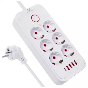 Listwa zasilająca MACLEAN MCE391 W — 6 gniazd, 4×USB-A + 1×USB-C, kabel 3 m, 110–240 V, 2500 W, biała