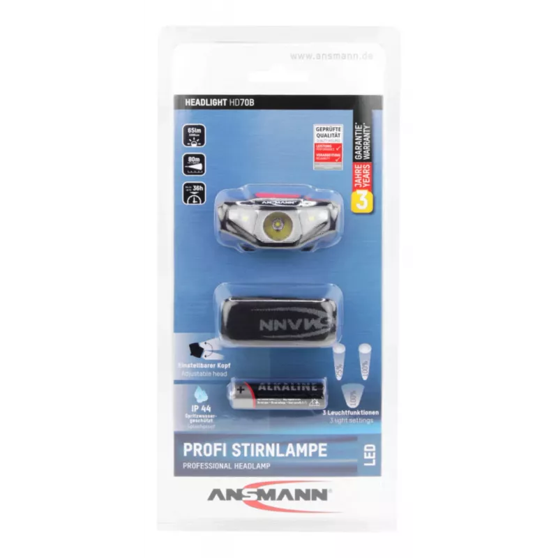 Ansmann HD70B - Latarka czołowa - Czarny - akrylonitryl-butadien-styren (ABS) - Tworzywo sztuczne - IP44 - LED - 1 lampa