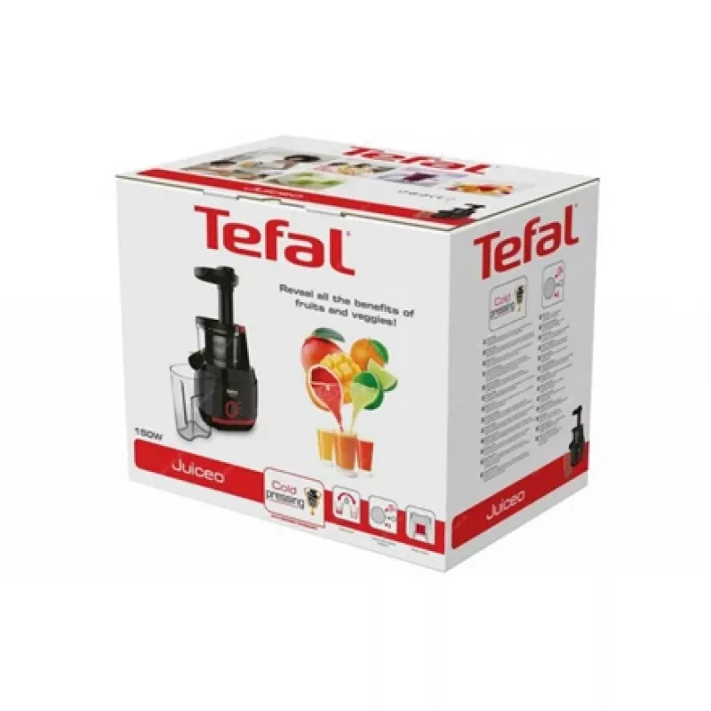 Wolnoobrotowa wyciskarka do soków Tefal Juiceo ZC150 — 150 W, otwór zasypowy 4,5 cm, pojemniki na sok i miąższ 0,8 L, 80 obr./min, czarno-czerwona