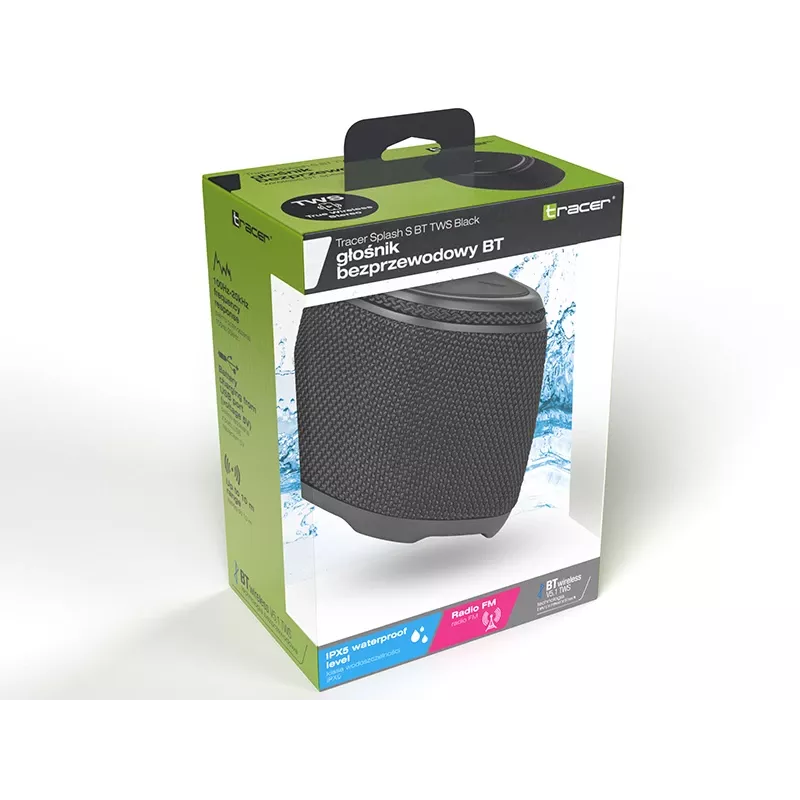 Przenośny głośnik stereo TRACER Splash S (Bluetooth 5.1, 5 W RMS, IPX5, bateria 6 h) Czarny