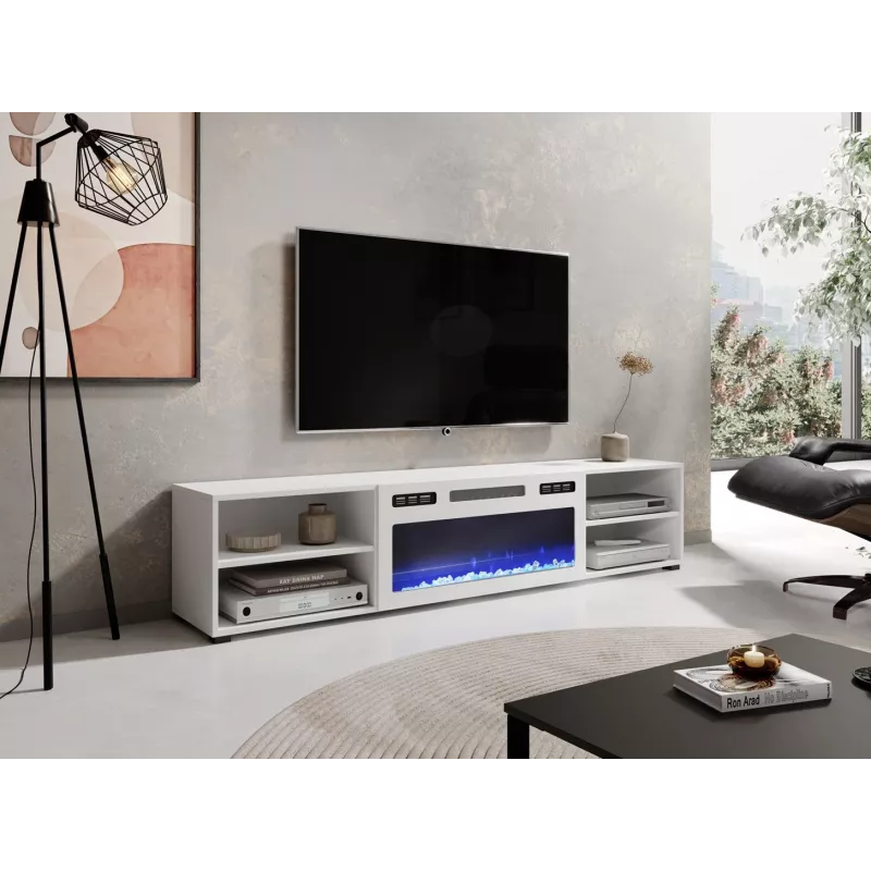 szafka RTV POLO 180x33x39 biały + kominek biały