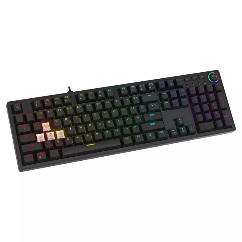 Klawiatura gamingowa SAVIO STYX BROWN — mechaniczna Outemu Brown, QZERTY US International, RGB, USB, pełnowymiarowa 104 klawisze, czarna