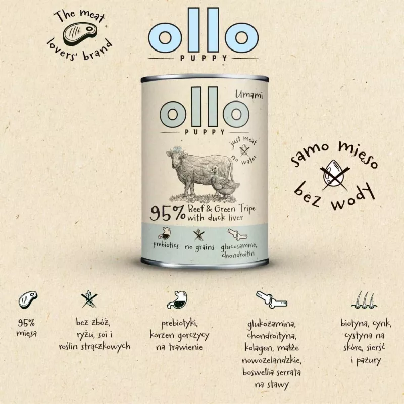 OLLO Puppy Umami Beef and Green Tripe with Duck Liver - mokra karma dla psów - 850g