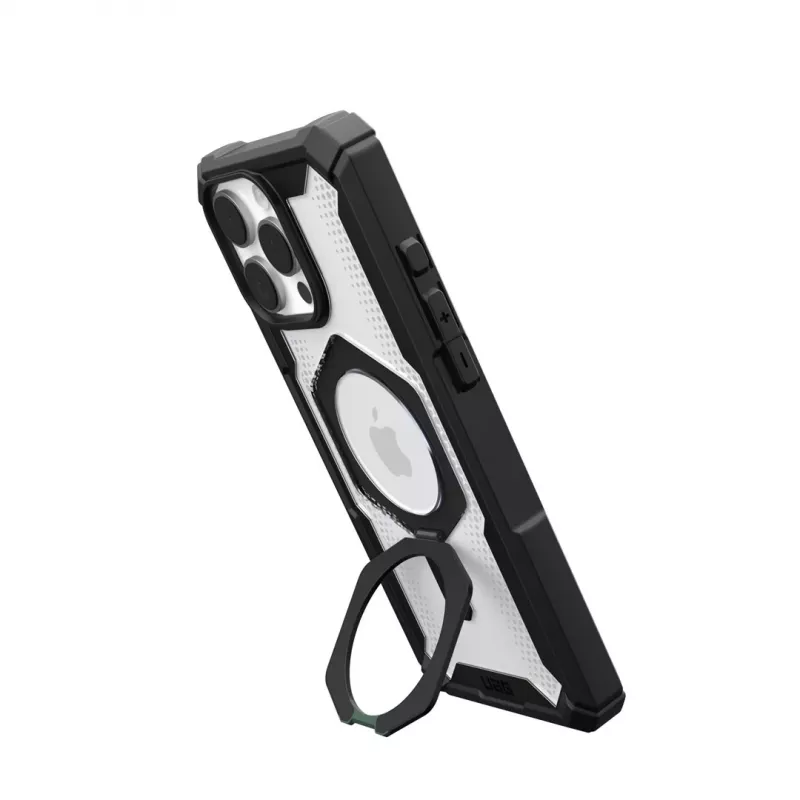 Etui Urban Armor Gear Plasma XTE na iPhone 16 Pro Max z maksymalnym rozmiarem ekranu 17,5 cm (6,9 cala). Czarno-przezroczysty design, metalowa nóżka, kompatybilność z MagSafe. Ochrona przed upadkami i zarysowaniami.