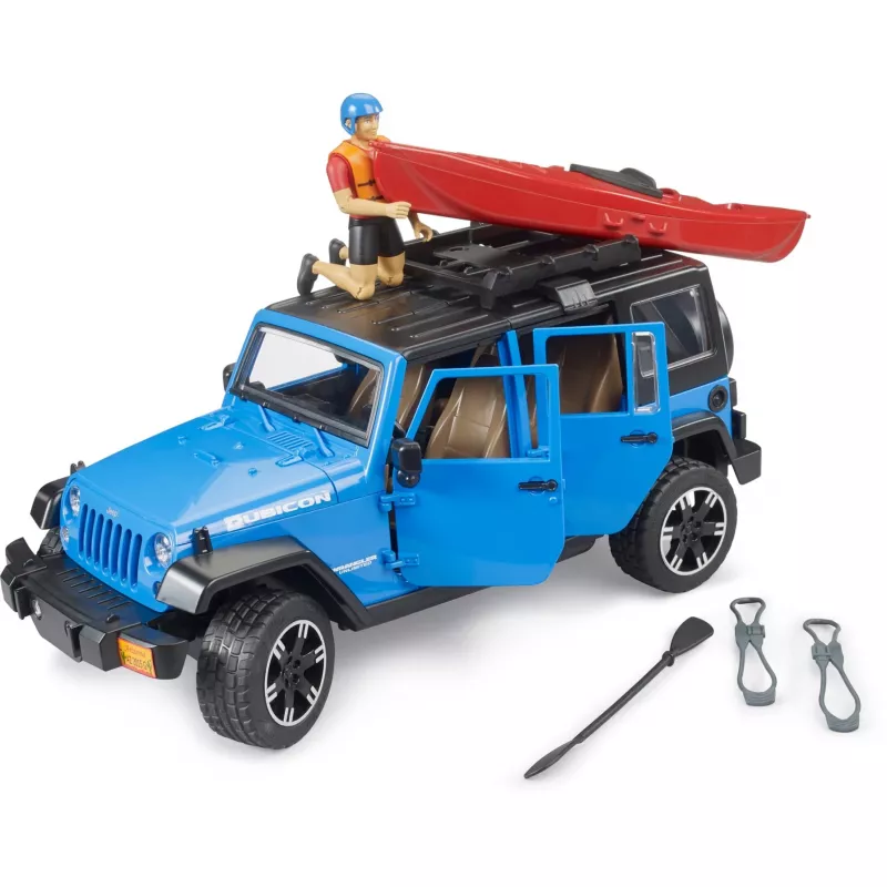 Model pojazdu zabawkowego BRUDER Jeep Wrangler Rubicon Unlimited z kajakiem i figurką BR-02529