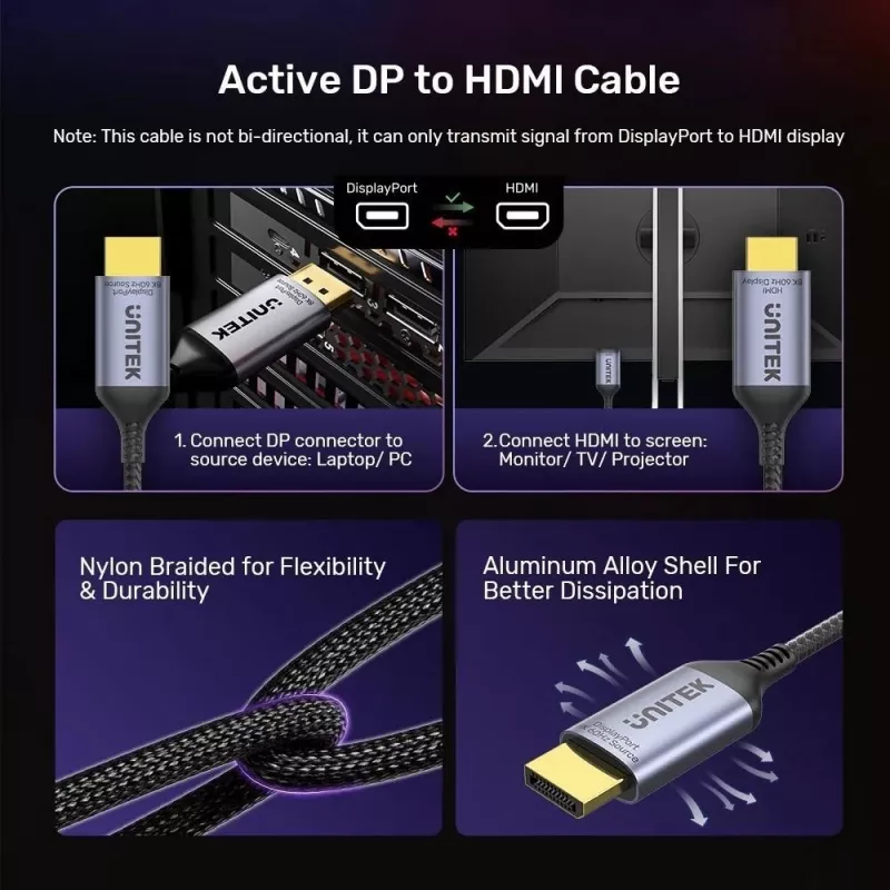 UNITEK kabel DISPLAYPORT 1.4 TO HDMI 2.1, 8K, 1.8M