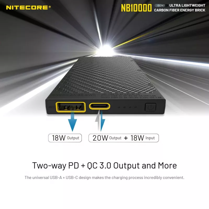 Przenośny Power Bank Nitecore NB10000 — 10000 mAh, USB-A + USB-C, łączna moc wyjściowa 38 W, szary