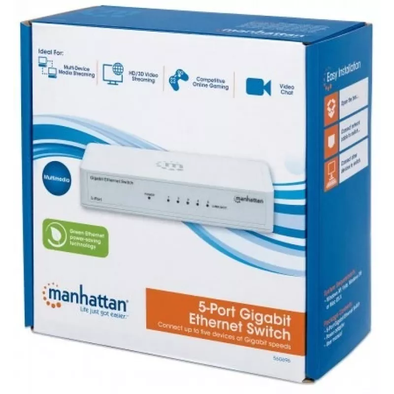 Manhattan 5-portowy przełącznik Gigabit Ethernet, rozmiar biurkowy, tworzywo sztuczne, IEEE 802.3az (Energy Efficient Ethernet), trzyletnia gwarancja, opakowanie