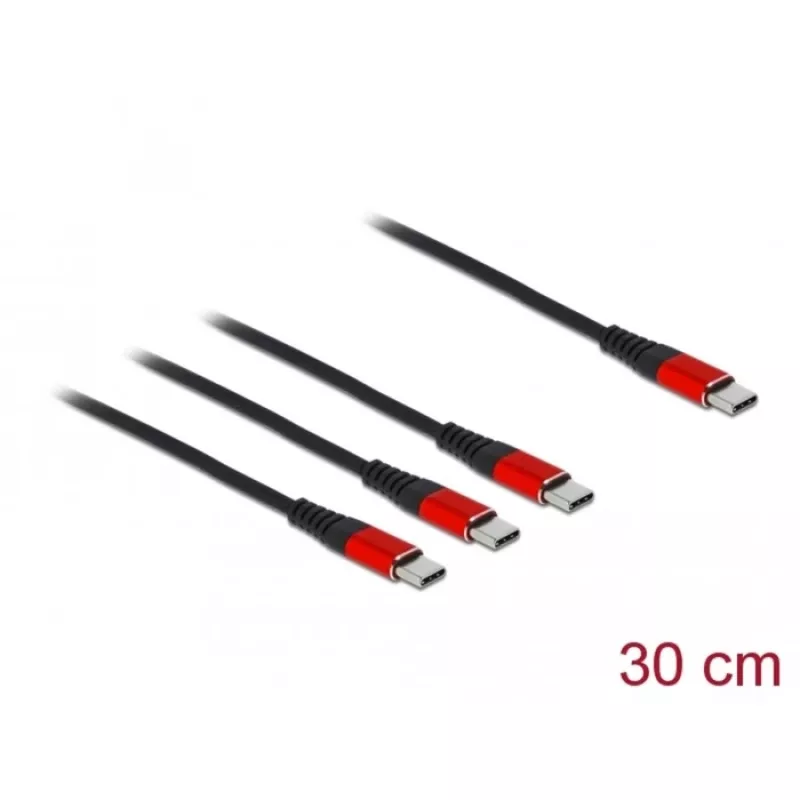 Kabel ładujący USB DeLOCK 3 w 1 USB Type-C na 3 x USB Type-C 30 cm czarny/czerwony