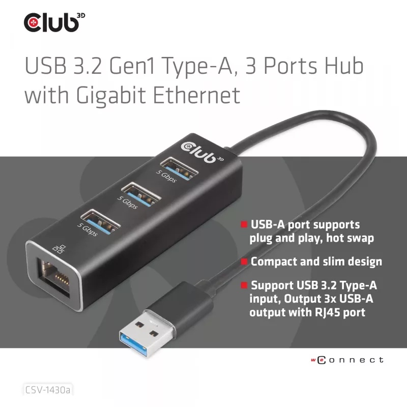 Hub USB CLUB3D USB 3.2 Gen1 Type-A, 3 porty i Gigabit Ethernet