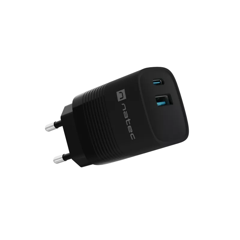 Przewodowa ładowarka do urządzeń mobilnych NATEC NUC-2141, 30W, USB-C PD 3.0 + USB-A QC 3.0, 110–240V, czarna