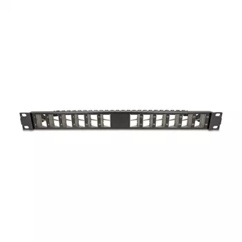 DELOCK 19 calowy keystone panel krosowy 24-portowy kątowy z odciążeniem, 1U, czarny, 482,6×125,5×44,2 mm