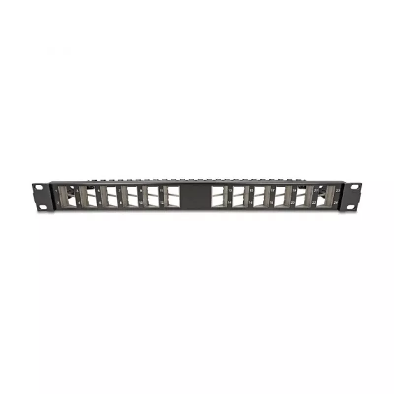 DELOCK 19 calowy keystone panel krosowy 24-portowy kątowy z odciążeniem, 1U, czarny, 482,6×125,5×44,2 mm