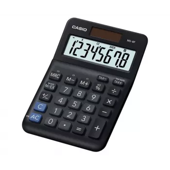 Podstawowy kalkulator biurkowy CASIO MS-8F – 8-cyfrowy, bateria/słoneczny, 26 klawiszy, funkcje walutowe i podatkowe, obliczanie zysku, czarny