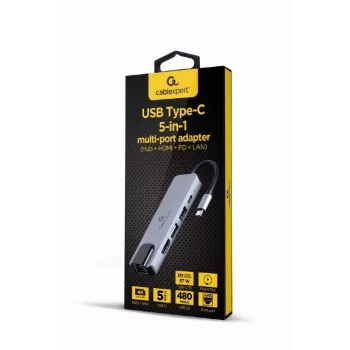 Stacja dokująca do laptopa Gembird A-CM-COMBO5-04 — USB 3.2 Gen 1 Type-C, 5 Gbit/s, PD 87 W, HDMI, Ethernet, USB-A