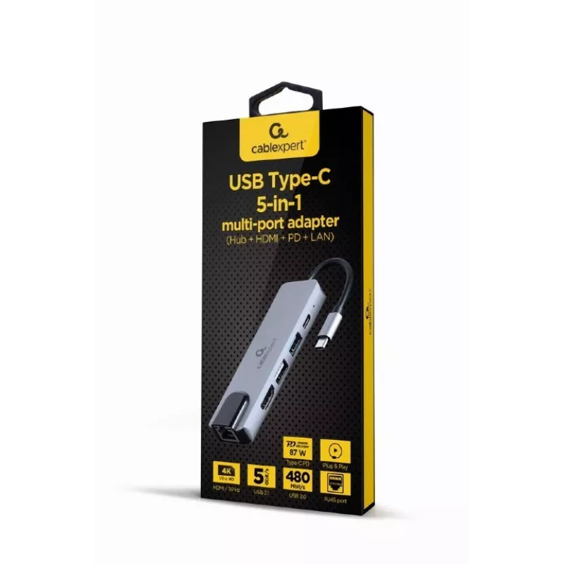 Stacja dokująca do laptopa Gembird A-CM-COMBO5-04 — USB 3.2 Gen 1 Type-C, 5 Gbit/s, PD 87 W, HDMI, Ethernet, USB-A