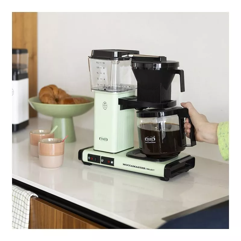 Ekspres przelewowy MOCCAMASTER KBG Select — zbiornik na wodę 1,25 l, pojemność 10 filiżanek, stal nierdzewna, pastelowa zieleń