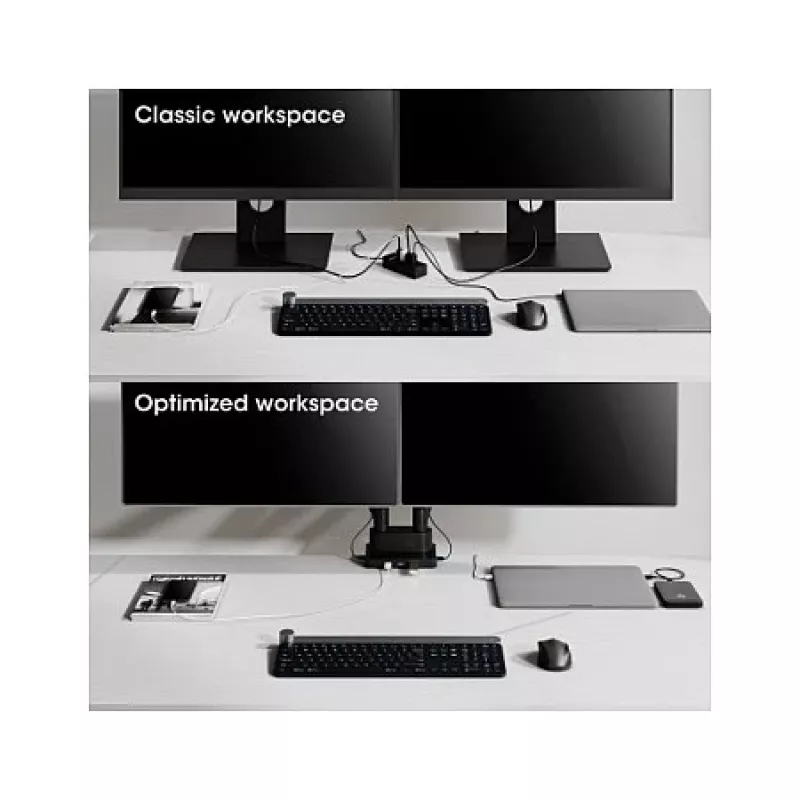 Manhattan Dual Desk Mount do telewizorów i monitorów (pełny ruch, sprężyna gazowa) z wbudowaną stacją dokującą, do ekranów do 27 cali, porty (x7): Ethernet, HDMI (x2), USB-A (x3) i USB-C, zasilanie Power Delivery (100 W) do portu USB-C (wymagana oddzielna ładowarka ścienna / kabel USB-C), VESA: 75x75 i 100x100 mm