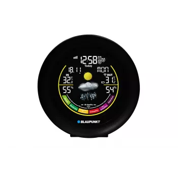Stacja pogodowa BLAUPUNKT WS35BK APP — wyświetlacz LCD, temperatura i wilgotność, alarm, kalendarz, łączność z aplikacją, 94×94×27 mm