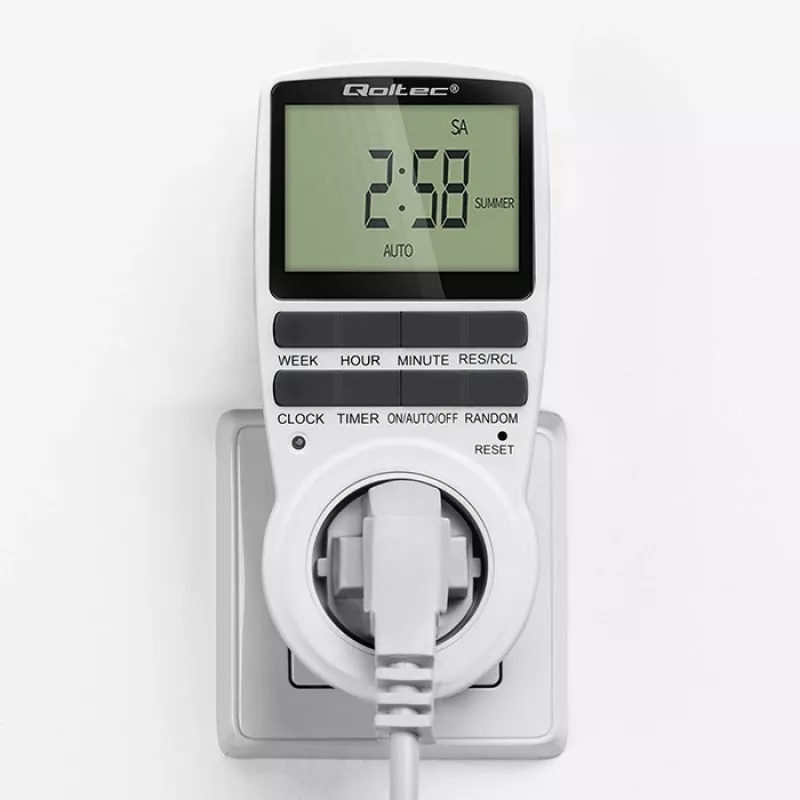 Elektroniczny timer QOLTEC PC0628 z wyświetlaczem LCD, odliczanie 24-godzinne