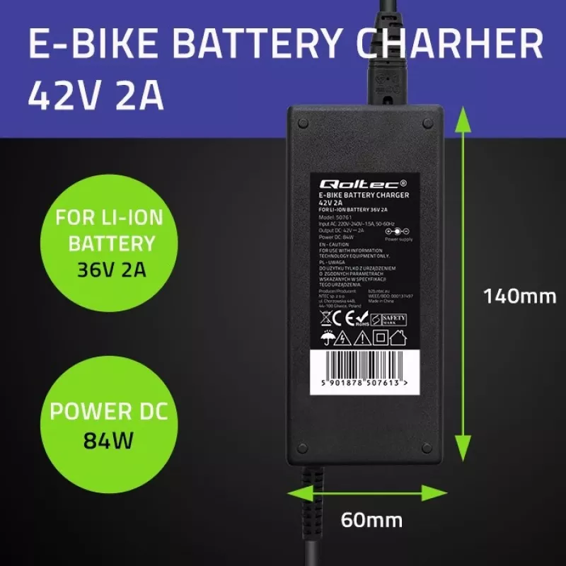 Qoltec 50761 Ładowarka do akumulatorów rowerów elektrycznych 36V | 42V | 2A | 5,5*2,5
