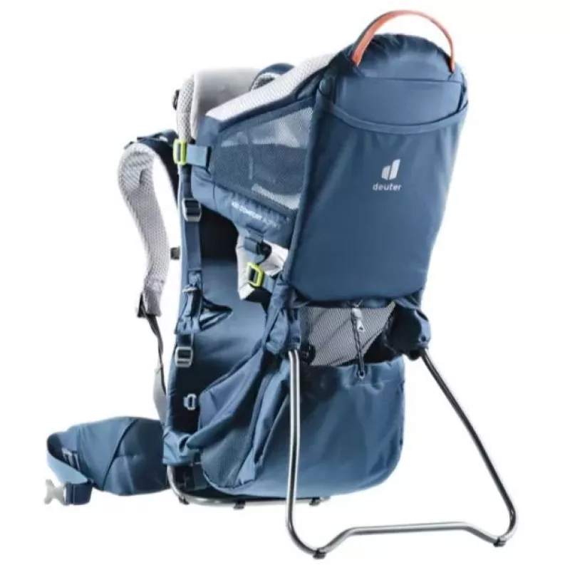 Plecak do noszenia dziecka DEUTER Kid Comfort Active — niebieski, poliamid, do 22 kg, daszek przeciwsłoneczny, podnóżek, VariQuick, Lite Air