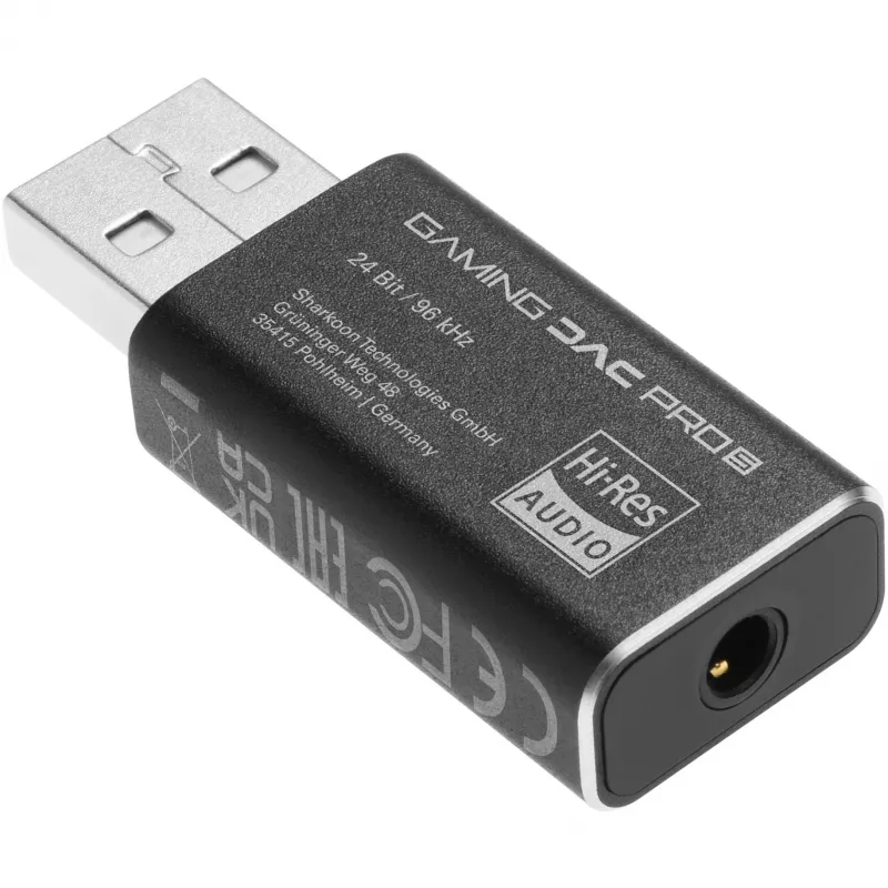 Wewnętrzny adapter USB Type-A na 3,5 mm DAC Sharkoon DAC Pro S — 2 V, czarny, kompaktowy (42×17,3×9,7 mm)