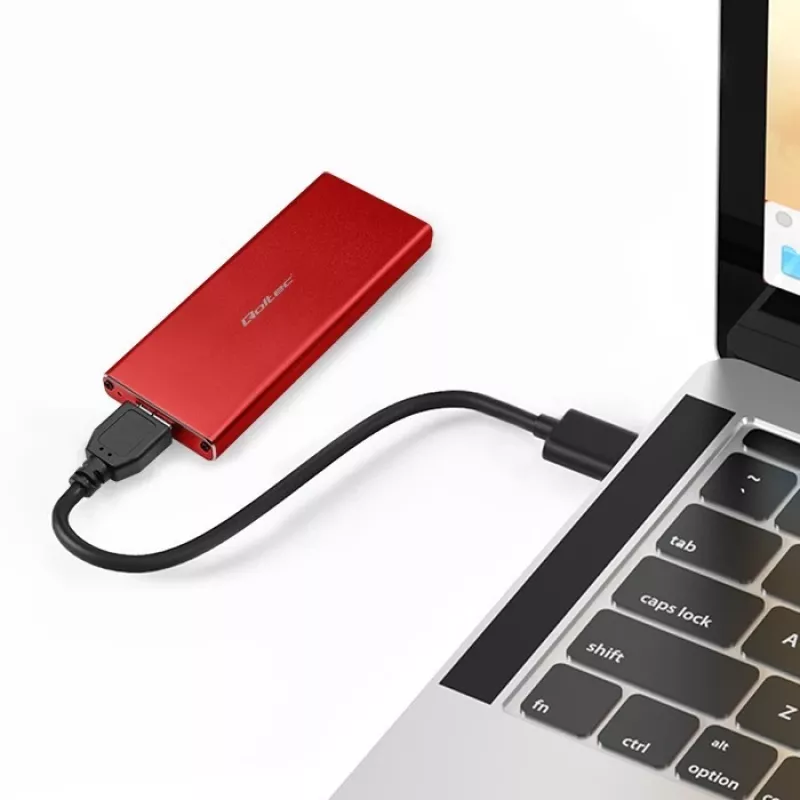 Obudowa SSD QOLTEC 51831 USB 3.0 dla dysków M.2 SATA do 2 TB, czerwona, obsługa długości 30 mm, do 4 dysków