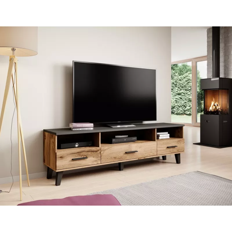 Stolik TV Cama Meble LOTTA 180 cm — rama w kolorze dębu Wotan, matowy czarny blat, 1800×400×530 mm