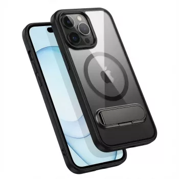 Ochronne etui GUAN do iPhone 16 Pro Max — tył ze szkła hartowanego, zintegrowana podpórka, transparentna czerń