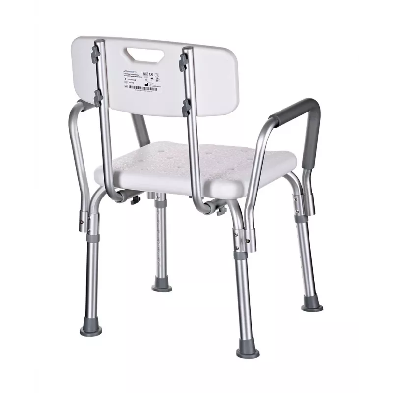 Krzesło prysznicowe ActionMed KP300AM z oparciem i podłokietnikami, polipropylen, regulowana wysokość 43–56 cm, siedzisko 40×33 cm, maks. obciążenie 110 kg