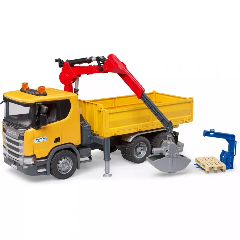Ciężarówka budowlana zabawka BRUDER Scania Super 560R z dźwigiem i 2 paletami
