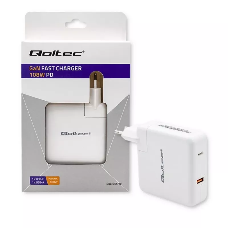 Qoltec GaN Charger FAST 108W | 5-20V | 3-4.7A | USB C | Biały