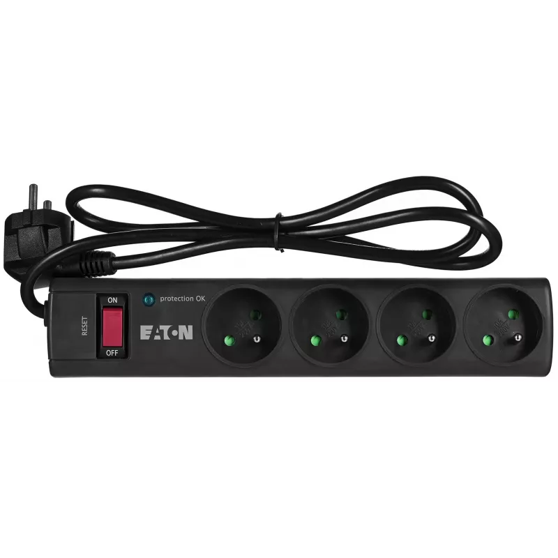 Listwa przeciwprzepięciowa EATON Power Strip 4 FR — 4 gniazda typu E, kabel 1 m, 10 A, 2500 W, wskaźniki LED