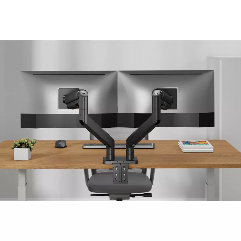 Uchwyt do monitora DIGITUS Dual Monitor Mount dla 2 ekranów 45 cali, zacisk, 2×20 kg, VESA 75×75–100×100, pochylenie -20–50°