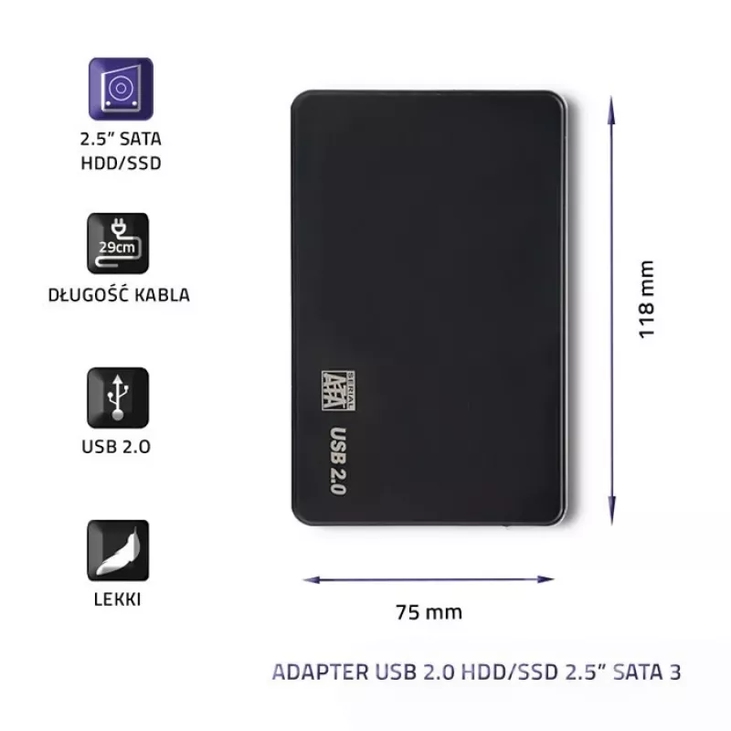 Adapter dysku twardego QOLTEC 51862 USB 2.0 dla SATA3 HDD/SSD 2,5 cala
