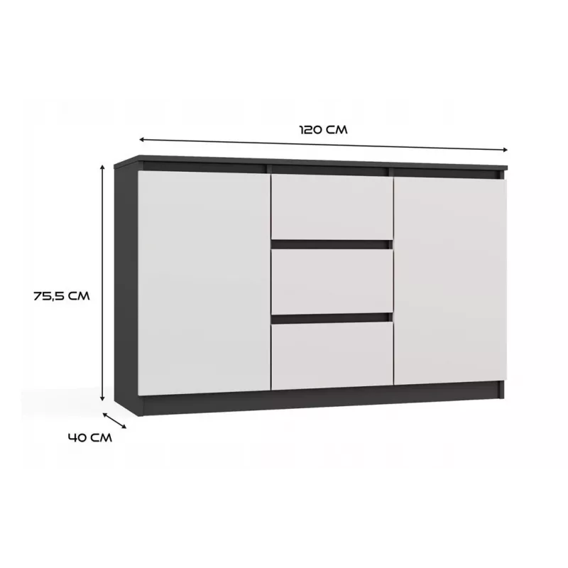 Komoda 2 drzwi 3 szuflady top e shop M-MP-K-MAL-2D3S-ANTBIA — rama antracytowa, białe drzwi, 1200×750×400 mm