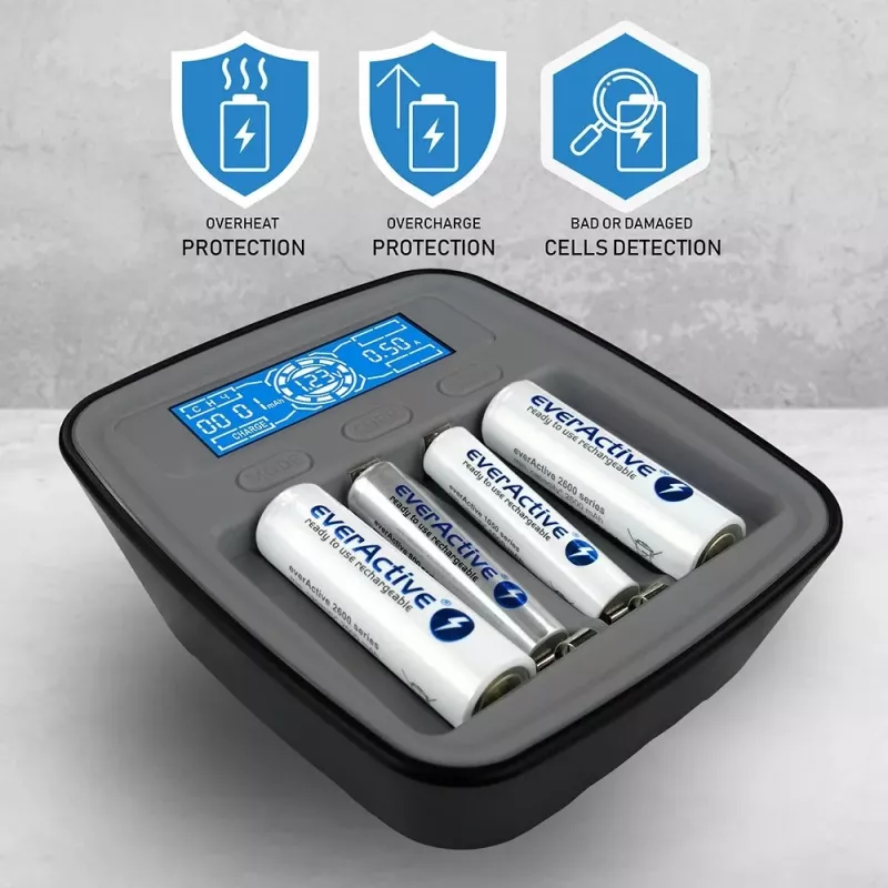 Ładowarka everActive NC1000MV2 — Ni‑MH 4-slotowa ładowarka USB‑C, 4 ogniwa, 5V, czarny, 110×99×38 mm