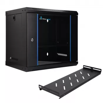 EXTRALINK LITE 9U 530X400 CZARNA SZAFKA RACK DO MONTAŻU NA ŚCIANIE Z PÓŁKĄ