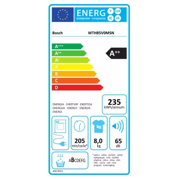 Bosch suszarka z pompą ciepła | WTH85V0MSN | Klasa efektywności energetycznej E | Ładowanie od przodu | 8 kg | LED | Głębokość 61 cm | Biały