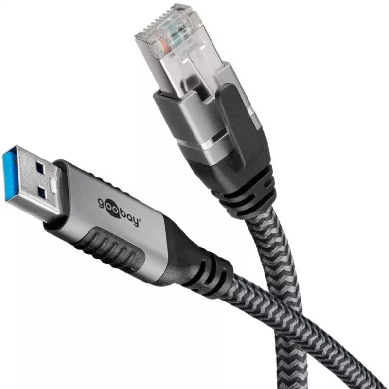 Kabel Ethernet USB-A 3.2 Gen1 > RJ-45, adapter LAN czarny/srebrny, 5 metrów, oplot tekstylny