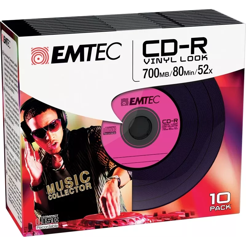 EMTEC Vinyl Look - 10 x CD-R - 700 MB (80 Min) 52x - Niebieski, Żółty, Liliowy, Zielony, Różowy - Slim Jewel Case