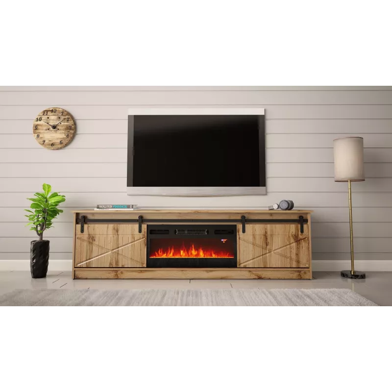 Szafka RTV Cama Meble GRANERO z szafką pod kominek, dąb Wotan, 2000×350×567 mm, 2 drzwi, 2 półki