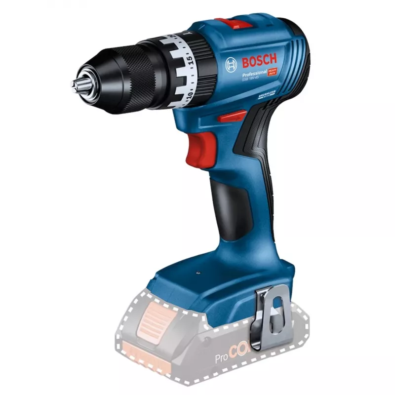 Wiertarko-wkrętarka akumulatorowa Bosch GSB 18 V — 18 V, 4 Ah Li‑Ion, 45 N·m, 500/1900 obr./min, 35 mm drewno, 10 mm stal, 2 baterie, ładowarka, walizka