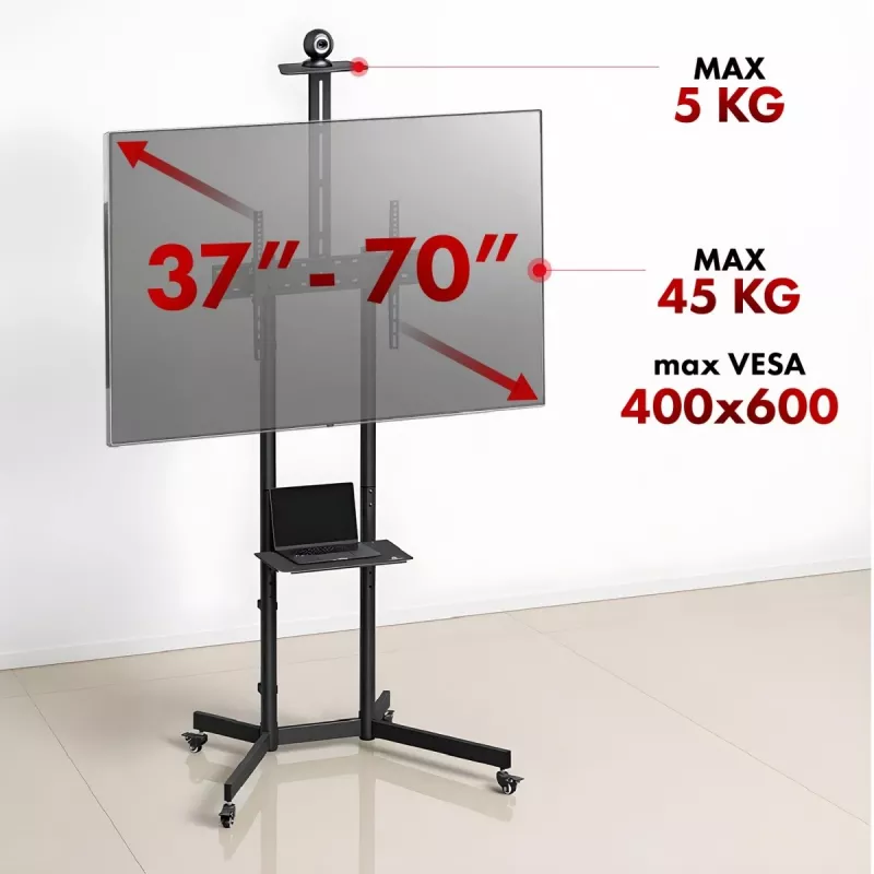 Podstawa / wózek pod telewizor Maclean, półka na kamerę, na kółkach, 37-70, maks. obciążenie 45kg/5kg półka, maks. VESA 600x400, MC-113 B