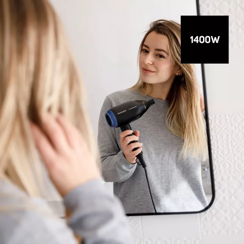 Suszarka do włosów Taurus Studio Glow 1500 — 1400 W, 3 poziomy ciepła, 2 prędkości, składana, do powieszenia, czarna