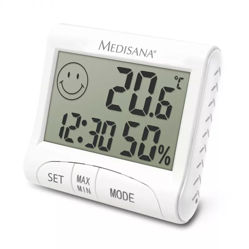Elektroniczny higrometr wewnętrzny Medisana HG 100 — termometr cyfrowy, wilgotność 20–90%, temp. -10–50 °C, wyświetlacz stołowy, bateria AAA