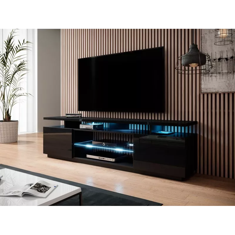 Szafka RTV cama meble EVA 180x40x56 cm, czarny połysk, blat MDF, czarna rama